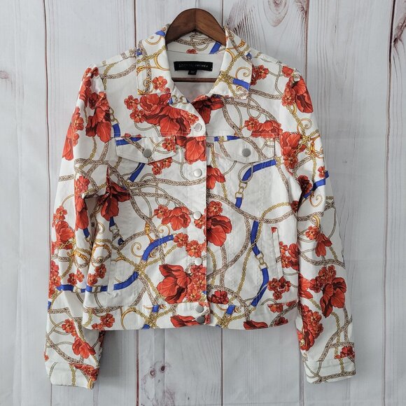Boston Proper White Floral Cotton Stretch Jean Jacket Women’s L Vibrant Western - Picture 1 of 6